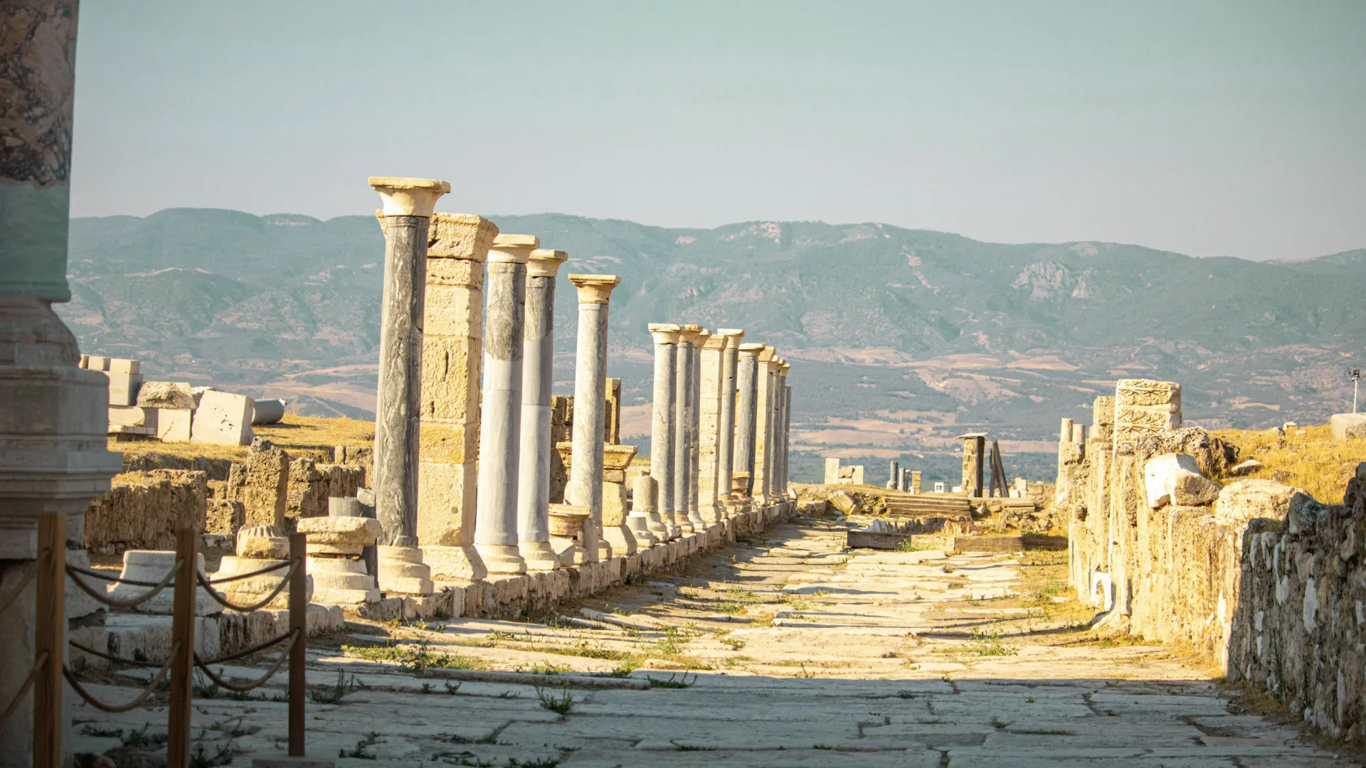 Panoramic view of Roman ruins under clear sky